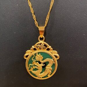 Elegant 18kt GF and Green Stone Dragon Pendant Necklace